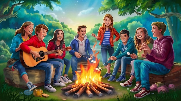 Group of teens camping in forest