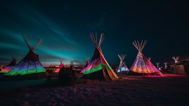 A group of teepees are lit up at night with the night sky in the background.