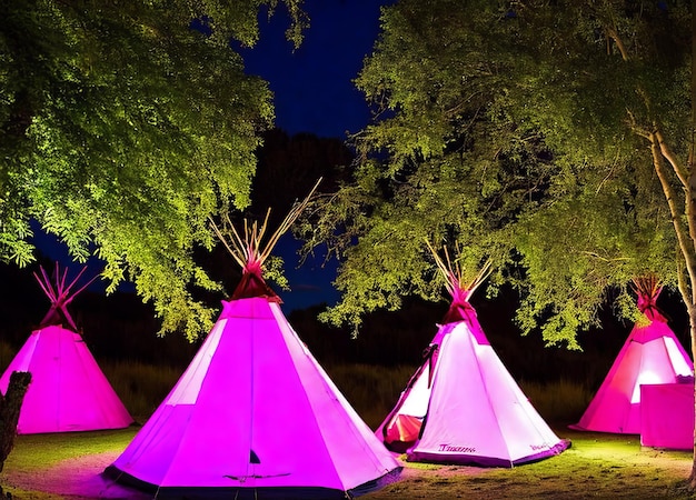 Photo a group of teepees are lit up with pink lights.