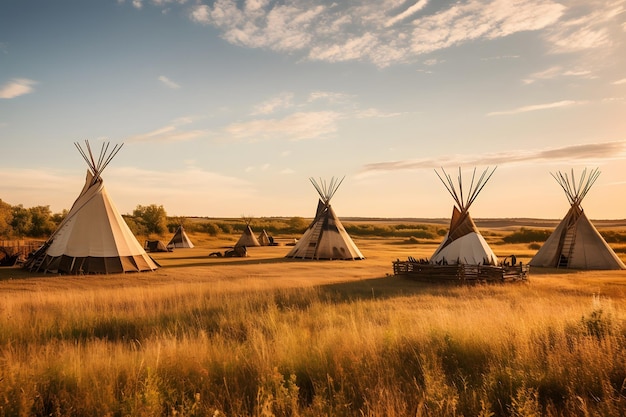 A group of teepees in a field with the sun setting behind them