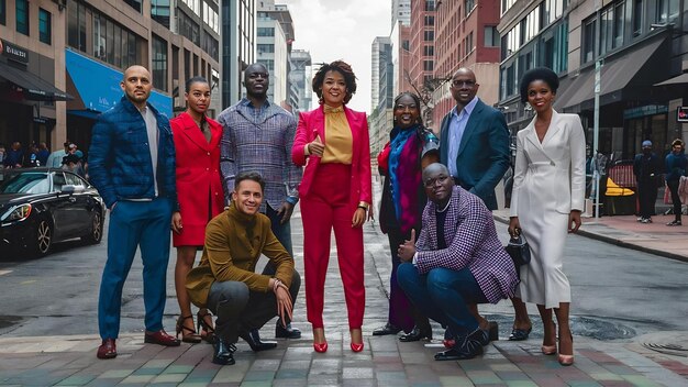 Group of ten african american people posed at street of city fashionable people of africa shows thu