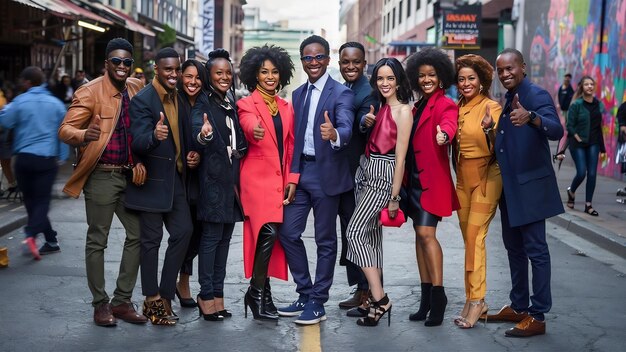 Group of ten african american people posed at street of city fashionable people of africa shows thu