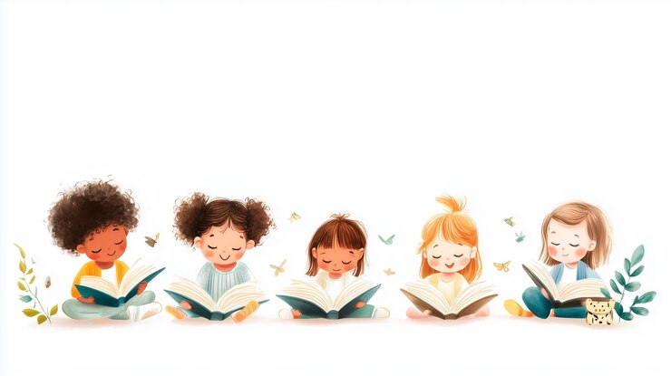 Photo group of tender children sitting reading stories tender illustration of three girls writing