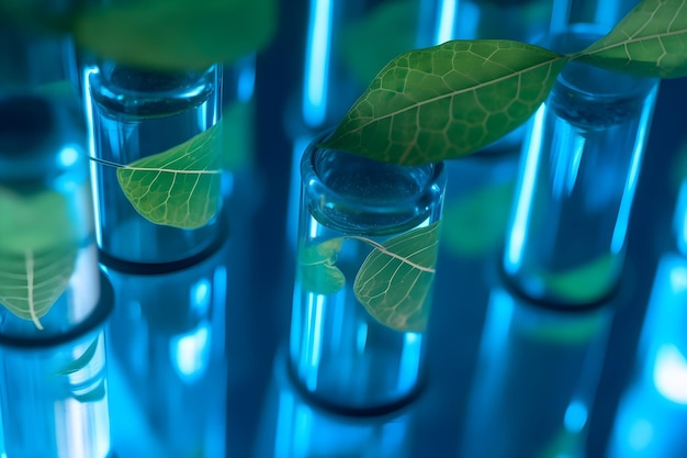 A group of test tubes with liquid in them and a leaf on the stem.