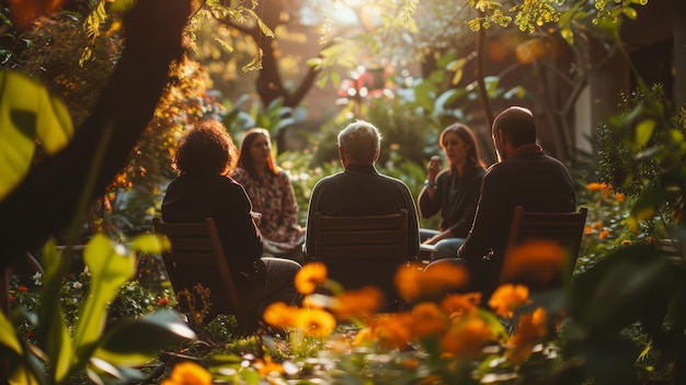 Group therapy session in a serene garden setting with warm sunlight filtering through