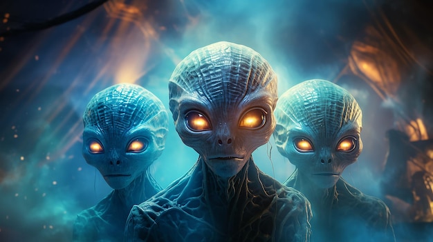 a group of three aliens on the background of fog fictional space graphics computer fantastic