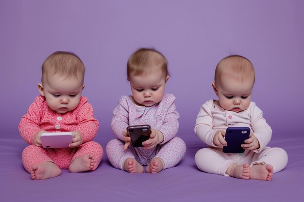 紫の背景のスマートフォンを見ている3人の赤ちゃんのグループ