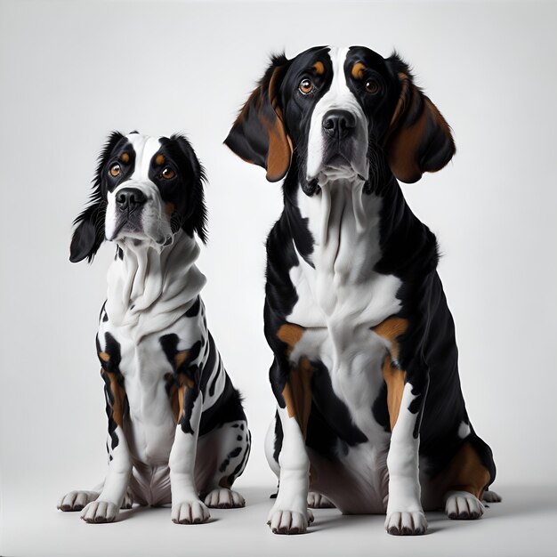 Group of three beagle dogs in front of a grey background