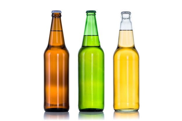 Group of Three bottles of beer isolated on white background