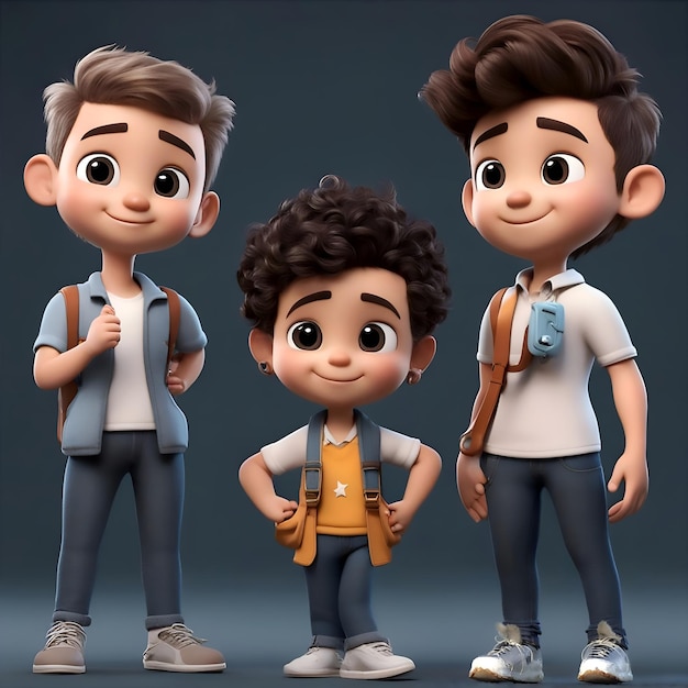 a group of three cartoon boys standing next to each other looking at the camera