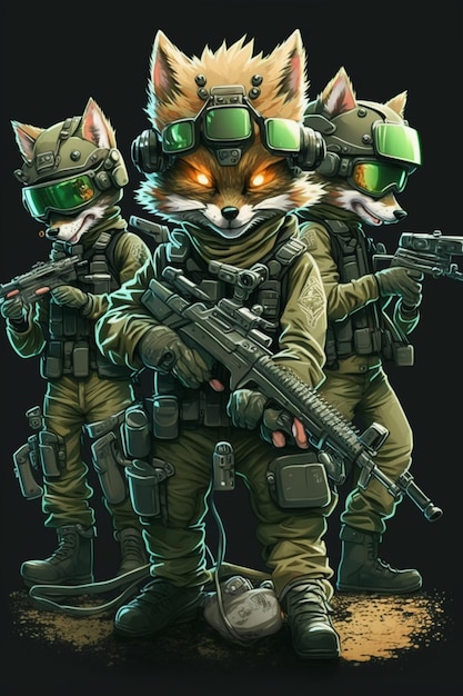 A group of three cats in military uniforms with guns and helmets generative ai