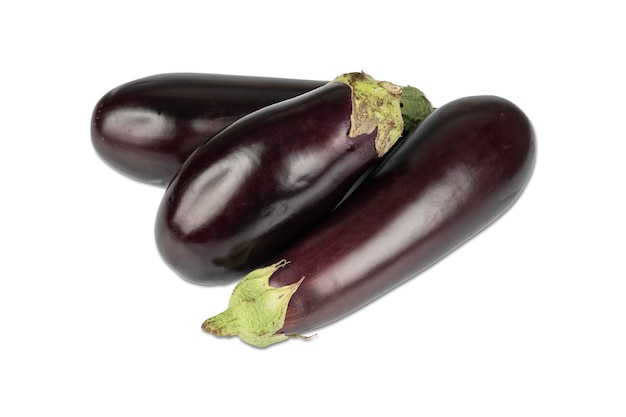 Group of three eggplants isolated over white background