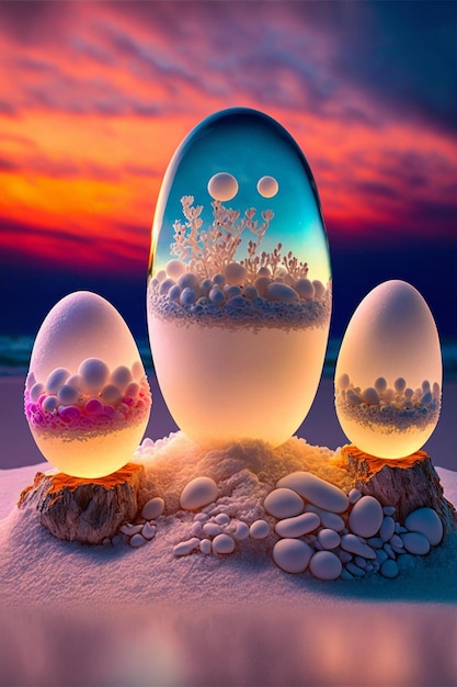 Group of three eggs sitting on top of a snow covered ground generative ai