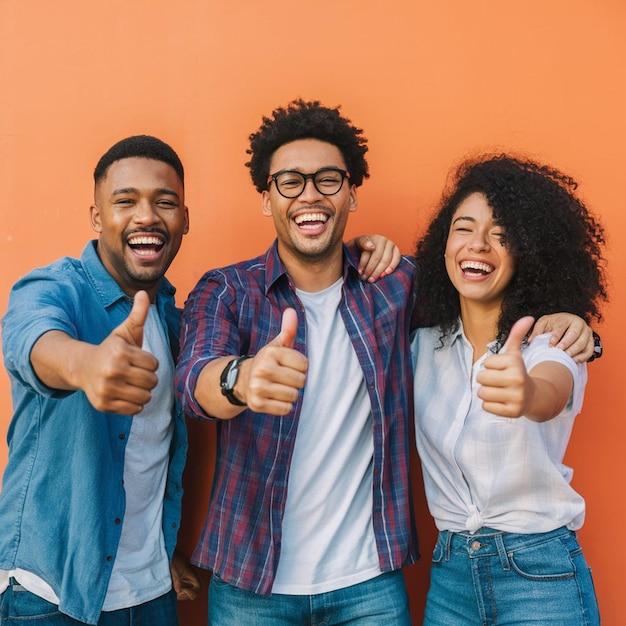 group of three friends giving a thumbsup and laughing