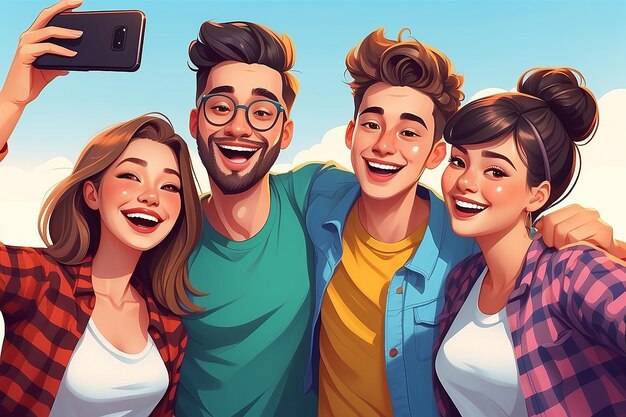 Group of three friends taking a selfie and laughing Friendship and youth concept Vector illustration