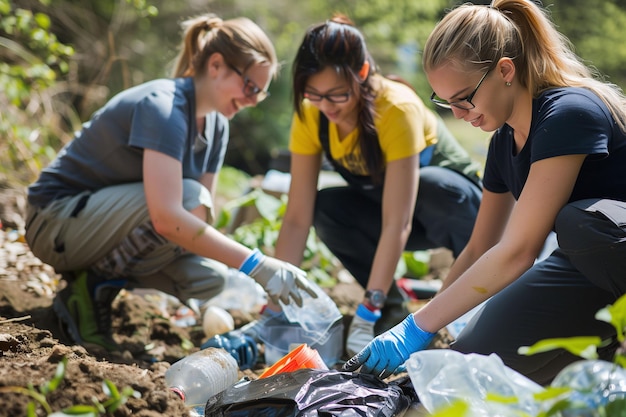 A group of three girls collecting garbage and plastic waste