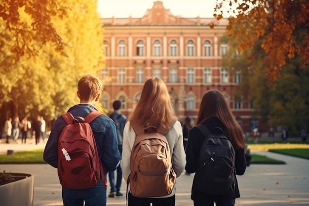 Group of Three Individuals Strolling on Sidewalk with Backpacks Easily Discoverable Stock Image with...