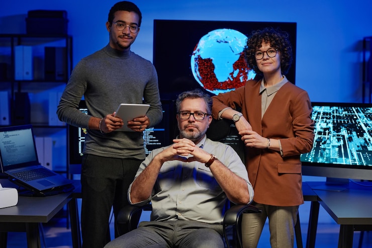 Photo group of three interculltural programmers looking at camera