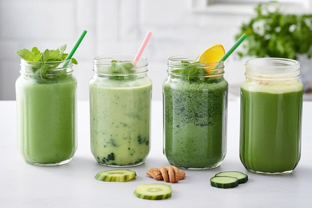 a group of three jars filled with green smoothies