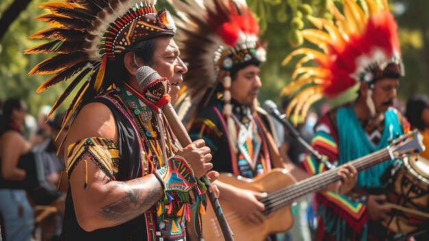 Foto un gruppo di tre uomini nativi americani in abiti tradizionali suonano musica con strumenti tradizionali