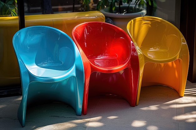Photo a group of three plastic chairs sitting next to each other