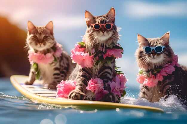 Photo group of three playful kittens on the surfboard wearing colorful sunglasses, ai-generated