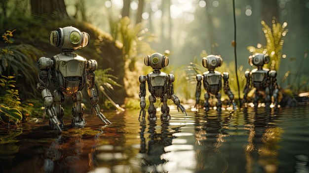 Группа из трех роботов гуляет по лесу