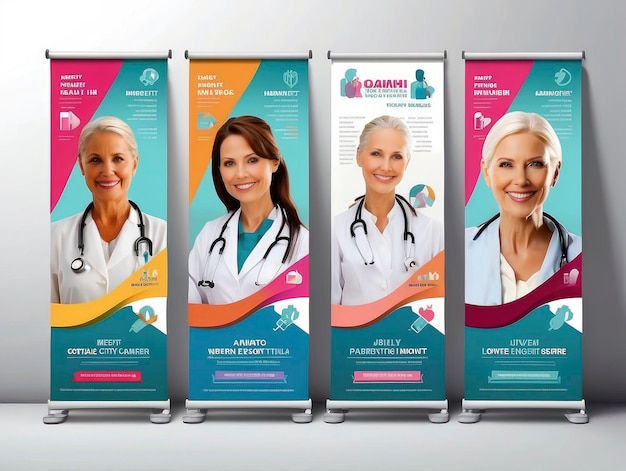 Photo a group of three roll up banners with a doctor and nurse image