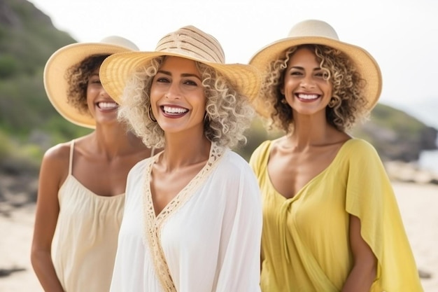 해변 에 있는 세 명 의 미소 짓는 젊은 여자 들 의 그룹