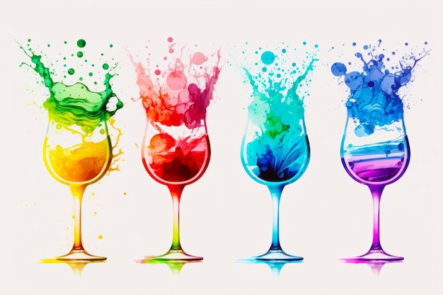 Group of three wine glasses filled with different colored liquids on white background Generative AI