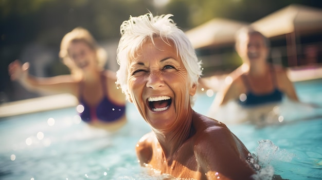 Group of Three Women Enjoying Playful Pool Time Together in Vibra