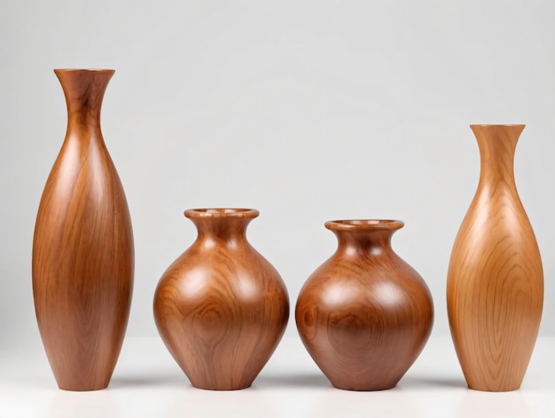 A Group Of Three Wooden Vases Sitting Next To Each Other