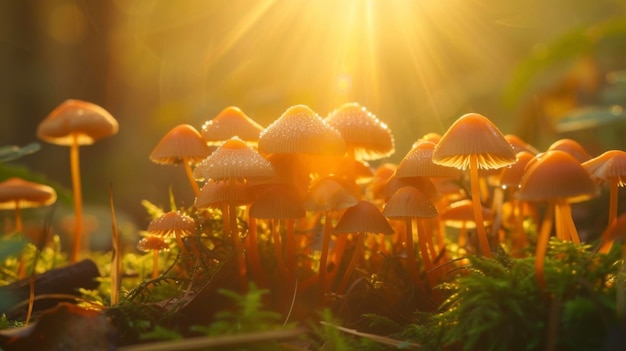 Foto un gruppo di piccoli funghi i cui cappelli brillano alla luce solare e creano una scena che ricorda una