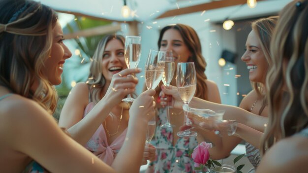 A group toasting with champagne celebrating under a sky of sparkling lights