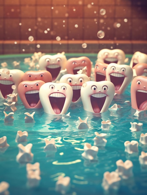 A group of tooth heads with eyes and hands are in the water.