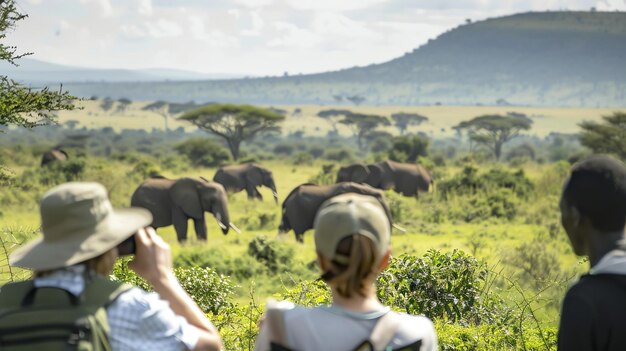 Photo group of tourist on safari in africa watching a herd of elephants in the distance