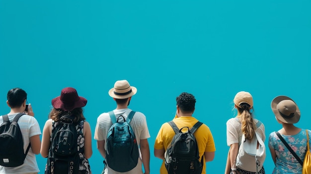 a group of tourists are standing with a pastel blue background with copy space Generative AI