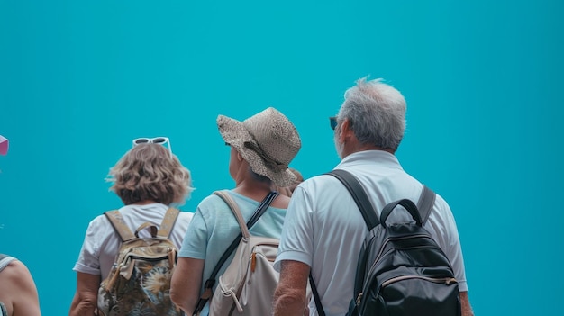 Un gruppo di turisti in piedi con un pictone blu con spazio di copia