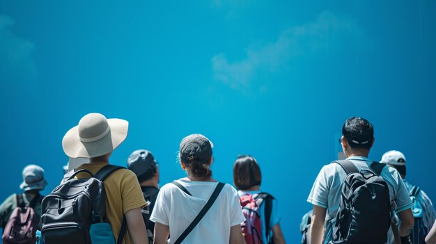 a group of tourists are standing with a pictone blue with copy space