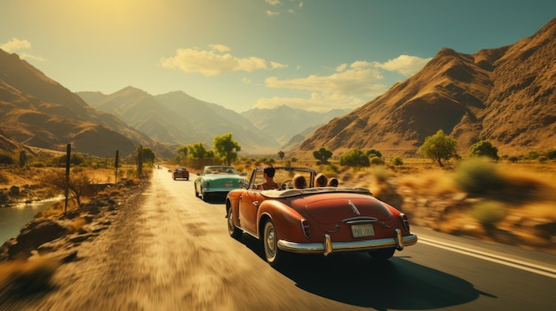 Group of tourists driving a vintage car in the desert California USA