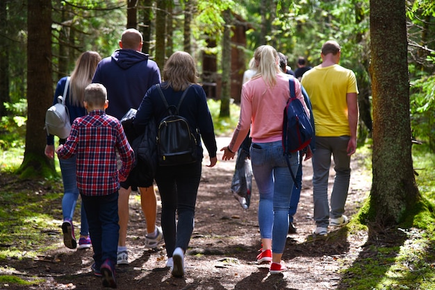 A group of tourists walking along a forest path