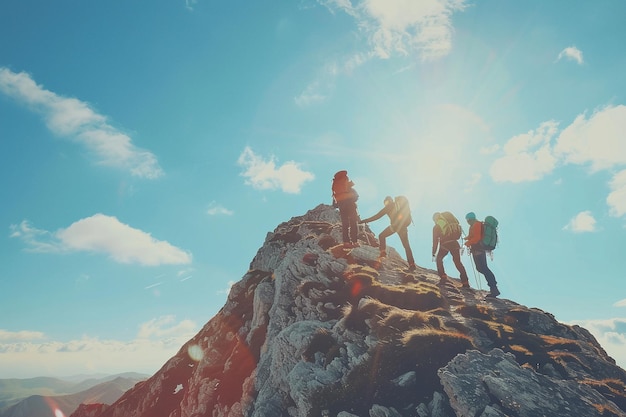 Photo group of tourists walks along mountainside one after another against the backdrop of beautiful lands