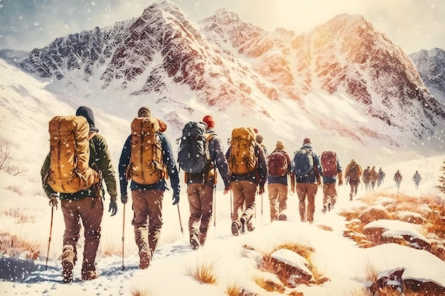 Group of tourists in winter in the mountains Teamwork concept Neural network AI generated