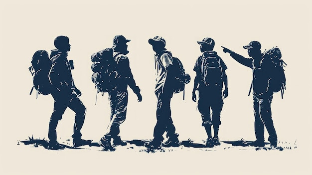 Photo group of tourists with backpacks illustration in sketch style generative ai