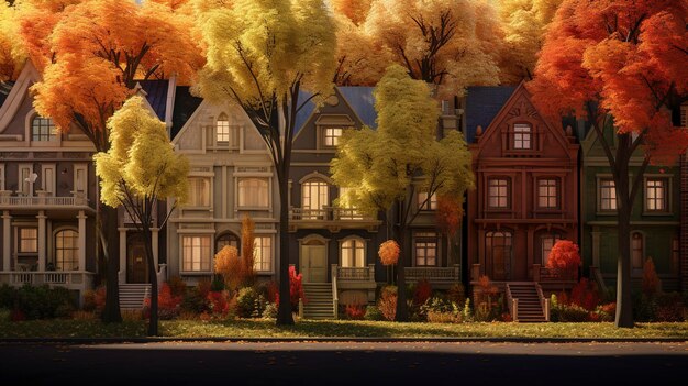 A group of townhouses in autumn surrounded by colorful foliage