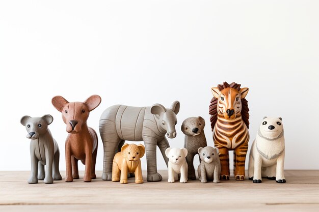 Photo a group of toy animals arranged in a farm scene on a white surface