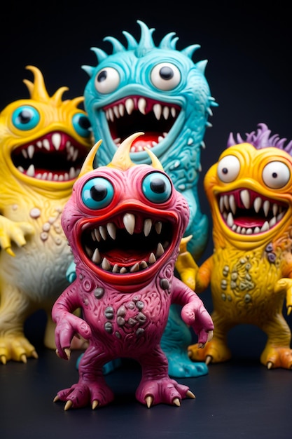 Group of toy monsters with big teeth and fangs on their faces Generative AI