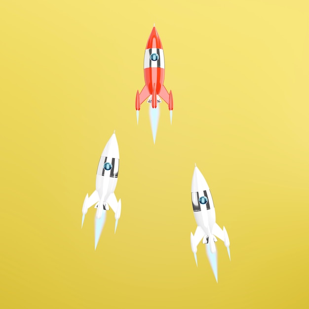おもちゃの宇宙船、ロケットのグループ。 3Dレンダリング