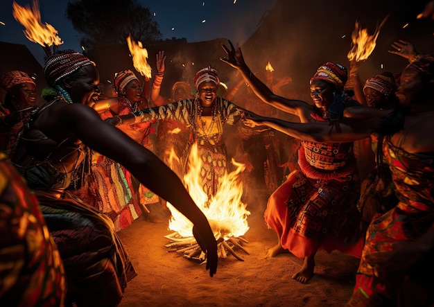 A group of traditional African dancers performing a tribal dance around a bonfire with vibrant