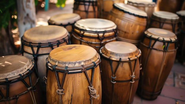 A group of traditional African drums The drums are made of wood and have a variety of sizes and shapes